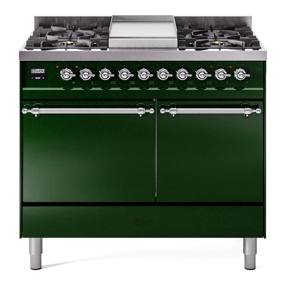 ILVE Nostalgie II 40-Inch Natural Gas Dual Fuel Range, 6 Burners, Griddle, Solid Door, Emerald Green with Chrome Trim (UPD40FQNMPEGC)