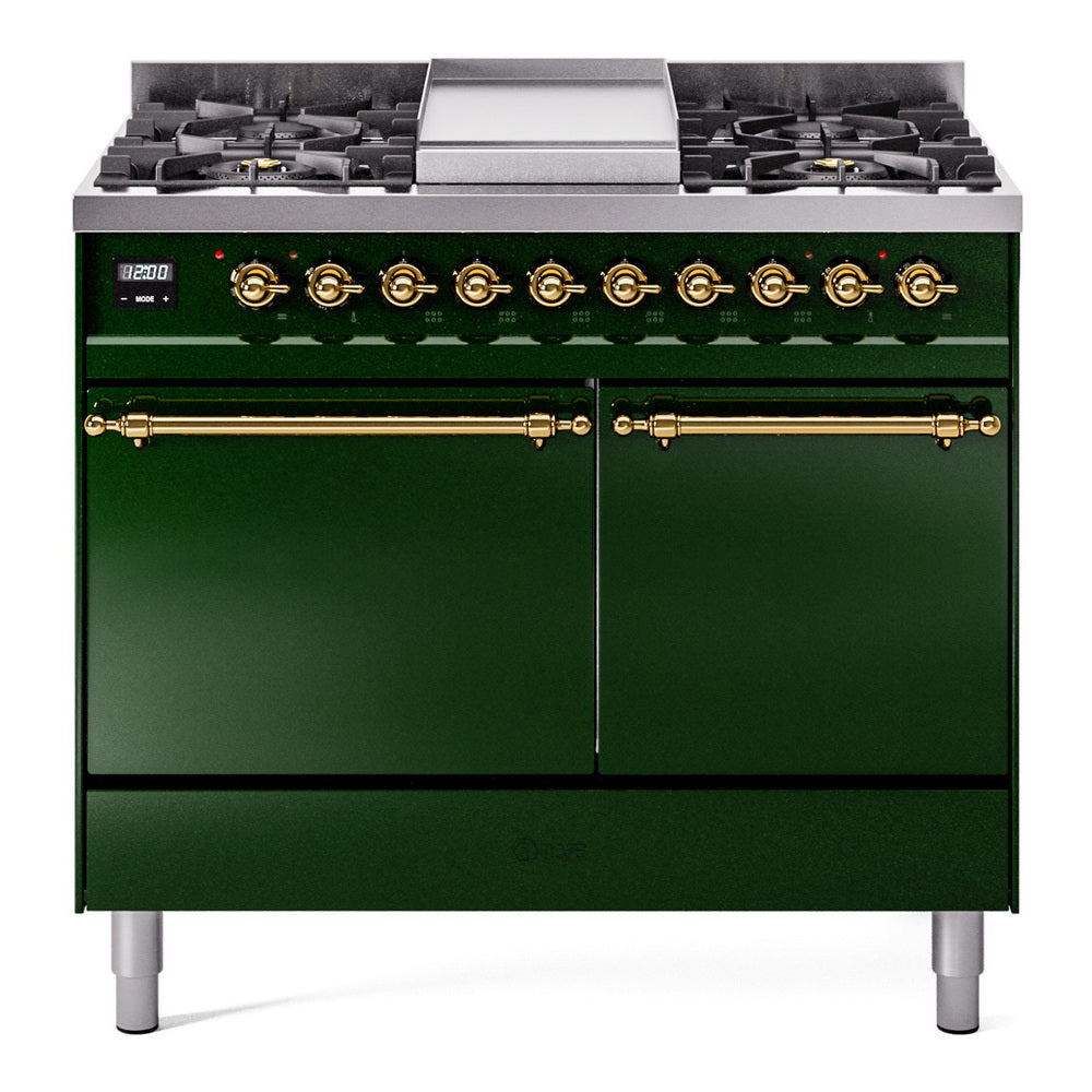 ILVE Nostalgie II 40-Inch Propane Dual Fuel Range, 6 Burners, Griddle, Solid Door, Emerald Green with Brass Trim (UPD40FQNMPEGGLP)