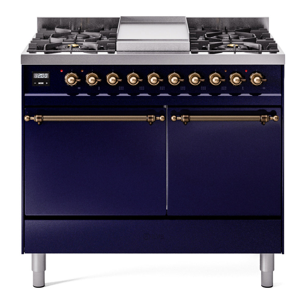 ILVE Nostalgie II 40-Inch Propane Dual Fuel Range, 6 Burners, Griddle, Solid Door, Midnight Blue with Burnished Bronze Trim (UPD40FQNMPMBBLP)