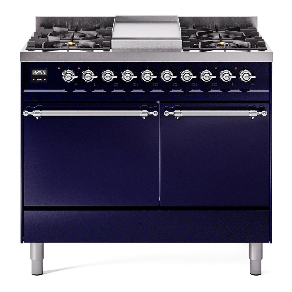 ILVE Nostalgie II 40-Inch Propane Dual Fuel Range, 6 Burners, Griddle, Solid Door, Midnight Blue with Chrome Trim (UPD40FQNMPMBCLP)