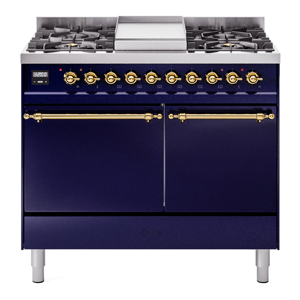 ILVE Nostalgie II 40-Inch Natural Gas Dual Fuel Range, 6 Burners, Griddle, Solid Door, Midnight Blue with Brass Trim (UPD40FQNMPMBG)