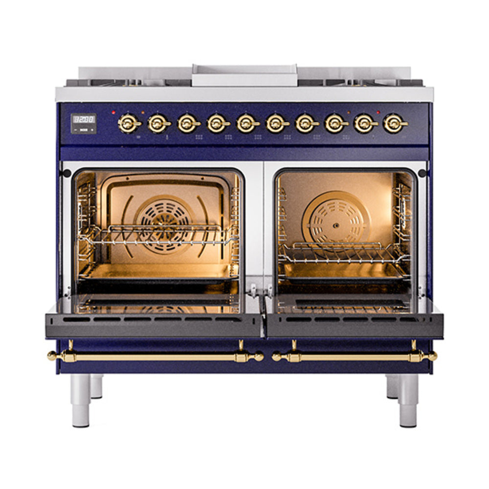 ILVE Nostalgie II 40-Inch Natural Gas Dual Fuel Range, 6 Burners, Griddle, Solid Door, Midnight Blue with Brass Trim (UPD40FQNMPMBG)