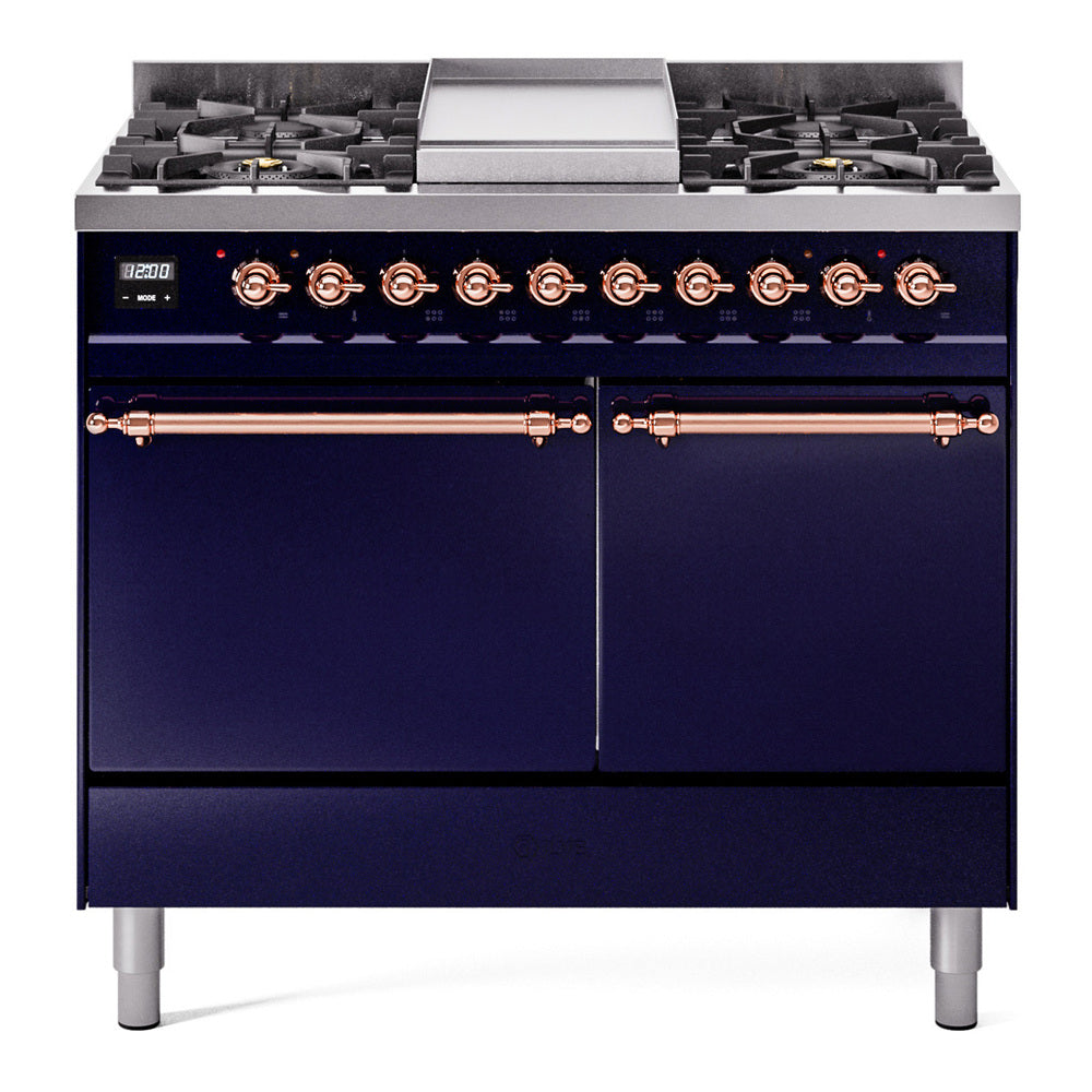 ILVE Nostalgie II 40-Inch Propane Dual Fuel Range, 6 Burners, Griddle, Solid Door, Midnight Blue with Copper Trim (UPD40FQNMPMBPLP)