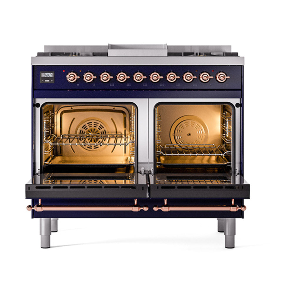 ILVE Nostalgie II 40-Inch Natural Gas Dual Fuel Range, 6 Burners, Griddle, Solid Door, Midnight Blue with Copper Trim (UPD40FQNMPMBP)