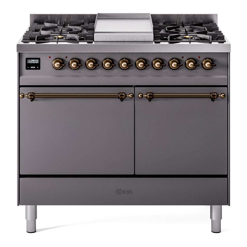 ILVE Nostalgie II 40-Inch Natural Gas Dual Fuel Range, 6 Burners, Griddle, Solid Door, Matte Graphite with Burnished Bronze Trim (UPD40FQNMPMGB)