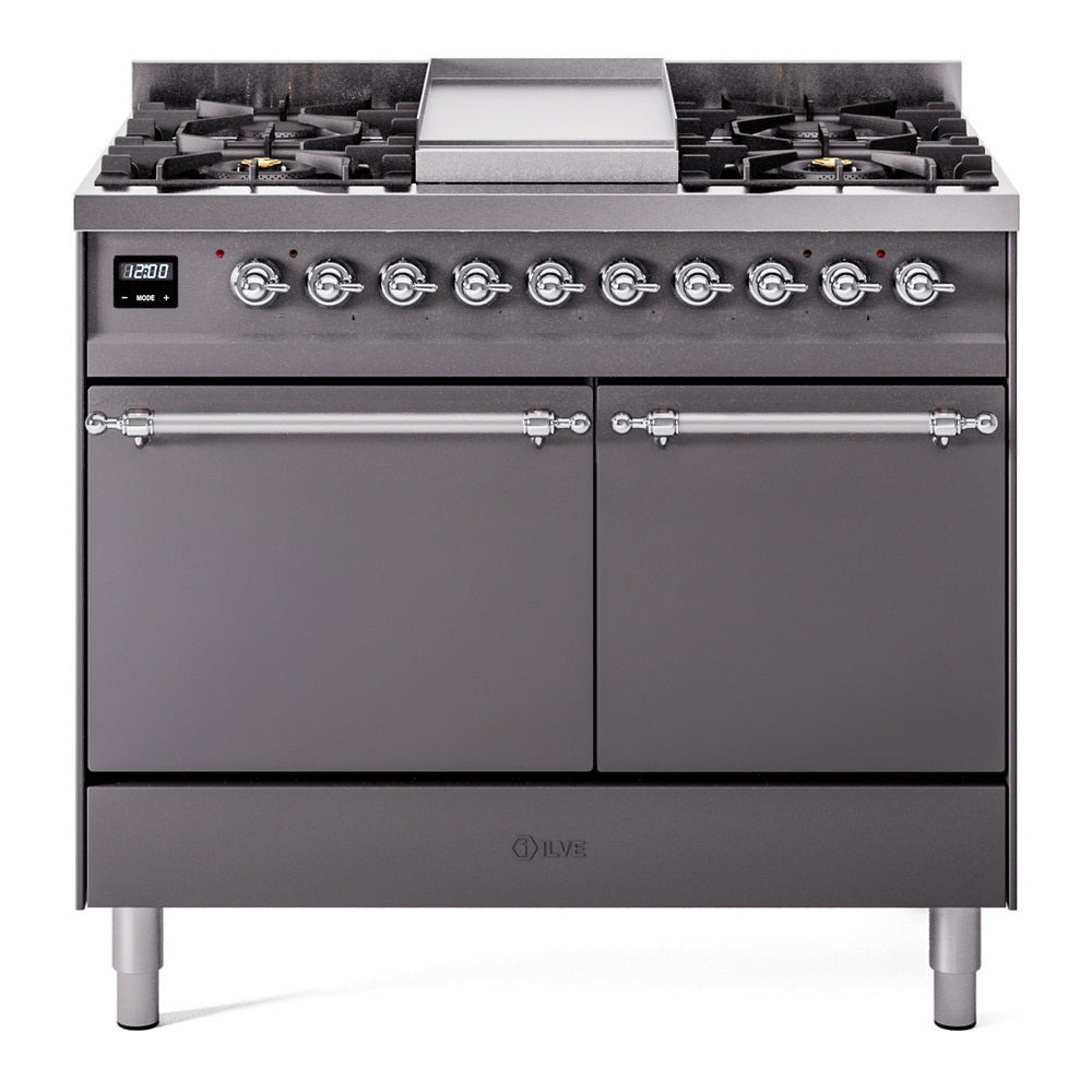 ILVE Nostalgie II 40-Inch Propane Dual Fuel Range, 6 Burners, Griddle, Solid Door, Matte Graphite with Chrome Trim (UPD40FQNMPMGCLP)