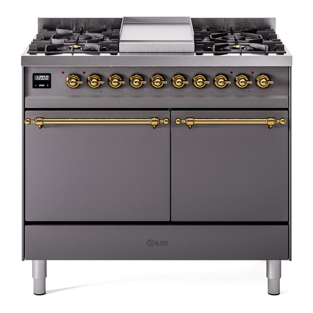 ILVE Nostalgie II 40-Inch Propane Dual Fuel Range, 6 Burners, Griddle, Solid Door, Matte Graphite with Brass Trim (UPD40FQNMPMGGLP)