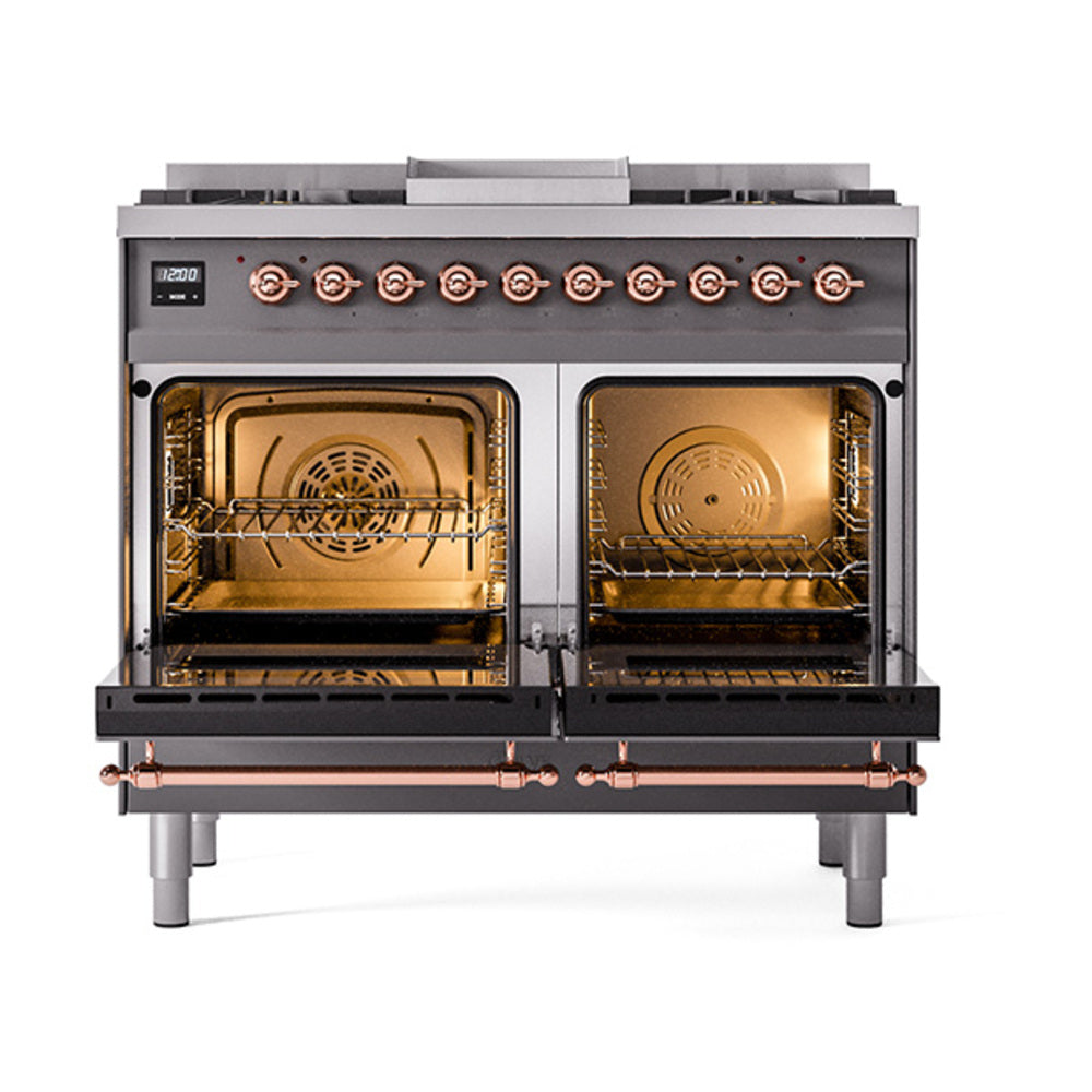 ILVE Nostalgie II 40-Inch Propane Dual Fuel Range, 6 Burners, Griddle, Solid Door, Matte Graphite with Copper Trim (UPD40FQNMPMGPLP)