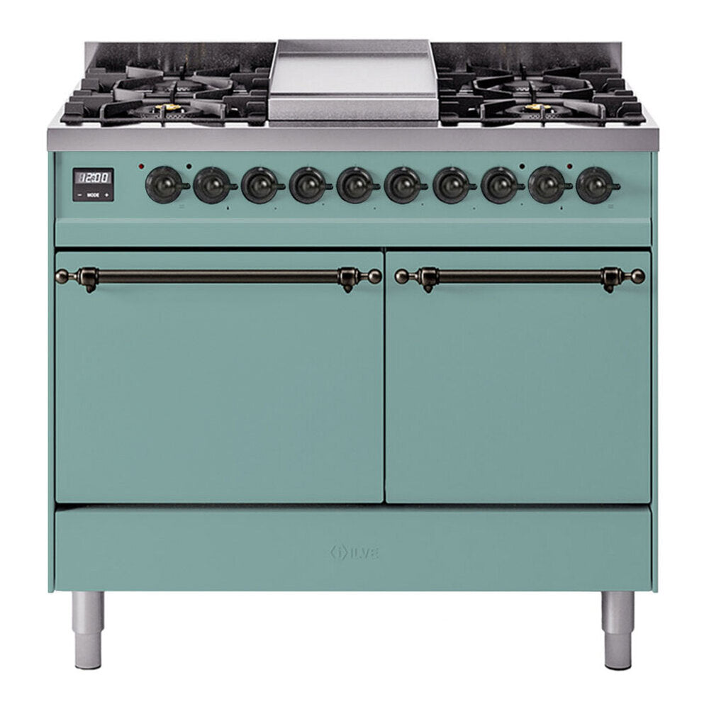 ILVE Nostalgie II 40-Inch Natural Gas Dual Fuel Range, 6 Burners, Griddle, Solid Door, Mediterranean Mint with Burnished Bronze Trim (UPD40FQNMPMMB)