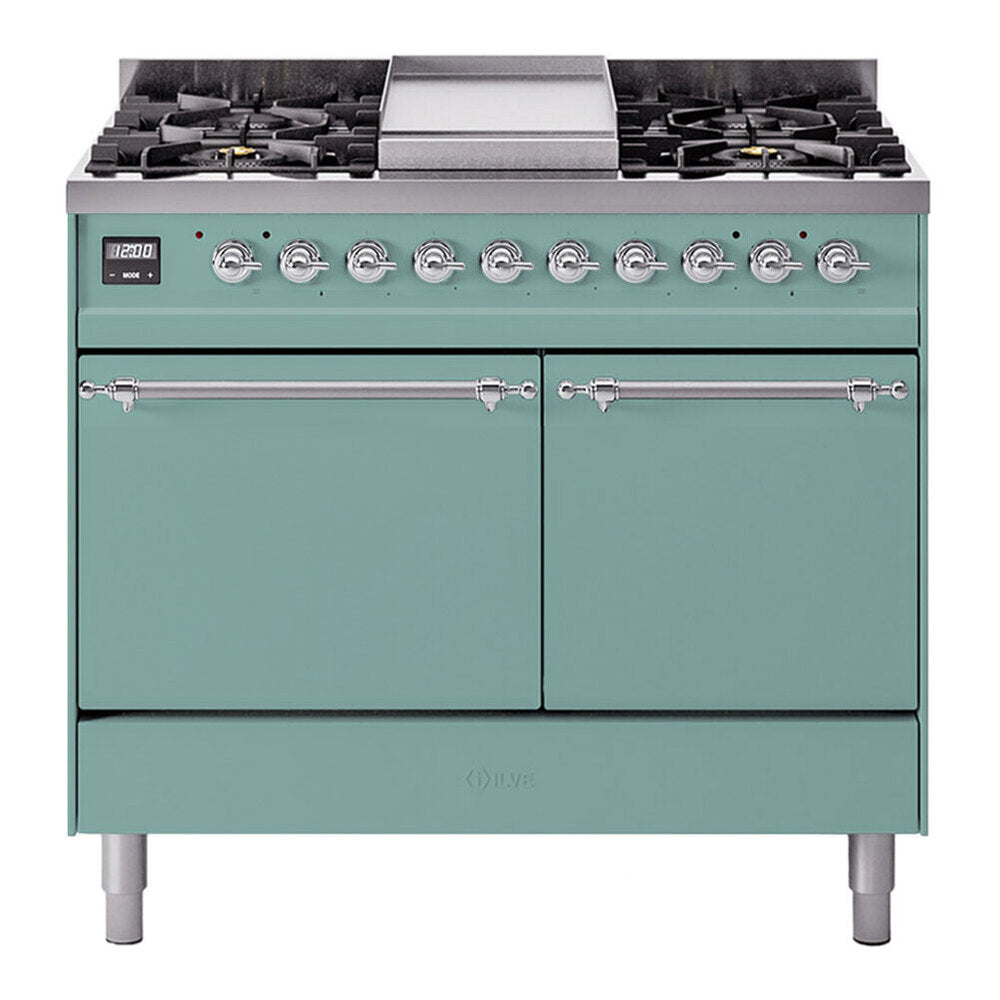 ILVE Nostalgie II 40-Inch Propane Dual Fuel Range, 6 Burners, Griddle, Solid Door, Mediterranean Mint with Chrome Trim (UPD40FQNMPMMCLP)