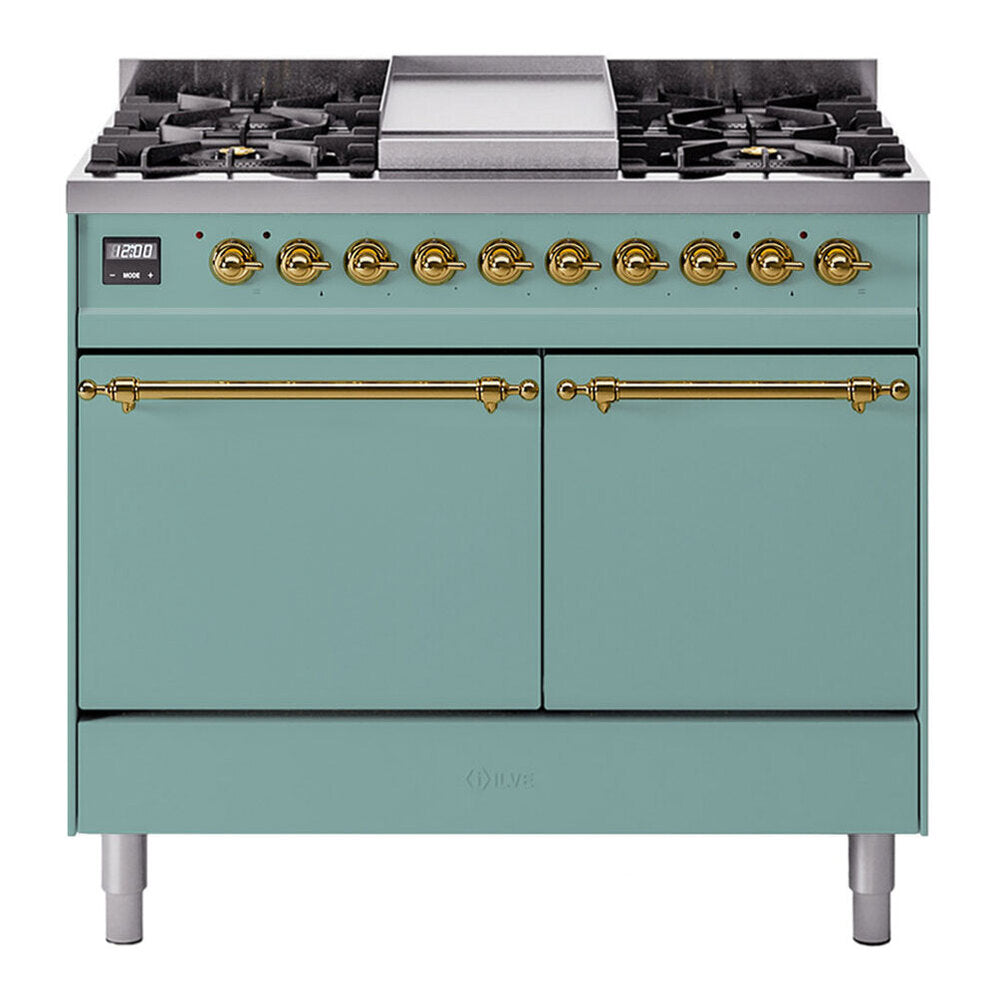 ILVE Nostalgie II 40-Inch Propane Dual Fuel Range, 6 Burners, Griddle, Solid Door, Mediterranean Mint with Brass Trim (UPD40FQNMPMMGLP)