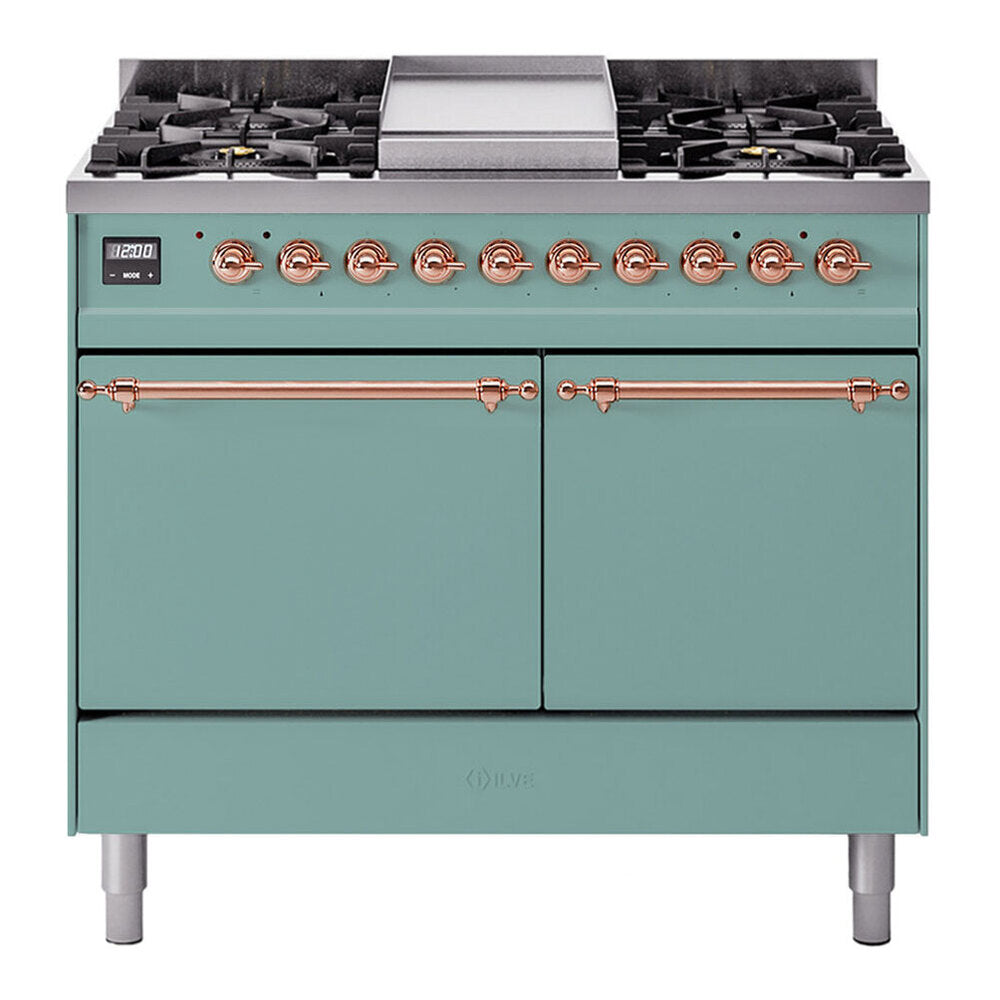 ILVE Nostalgie II 40-Inch Propane Dual Fuel Range, 6 Burners, Griddle, Solid Door, Mediterranean Mint with Copper Trim (UPD40FQNMPMMPLP)