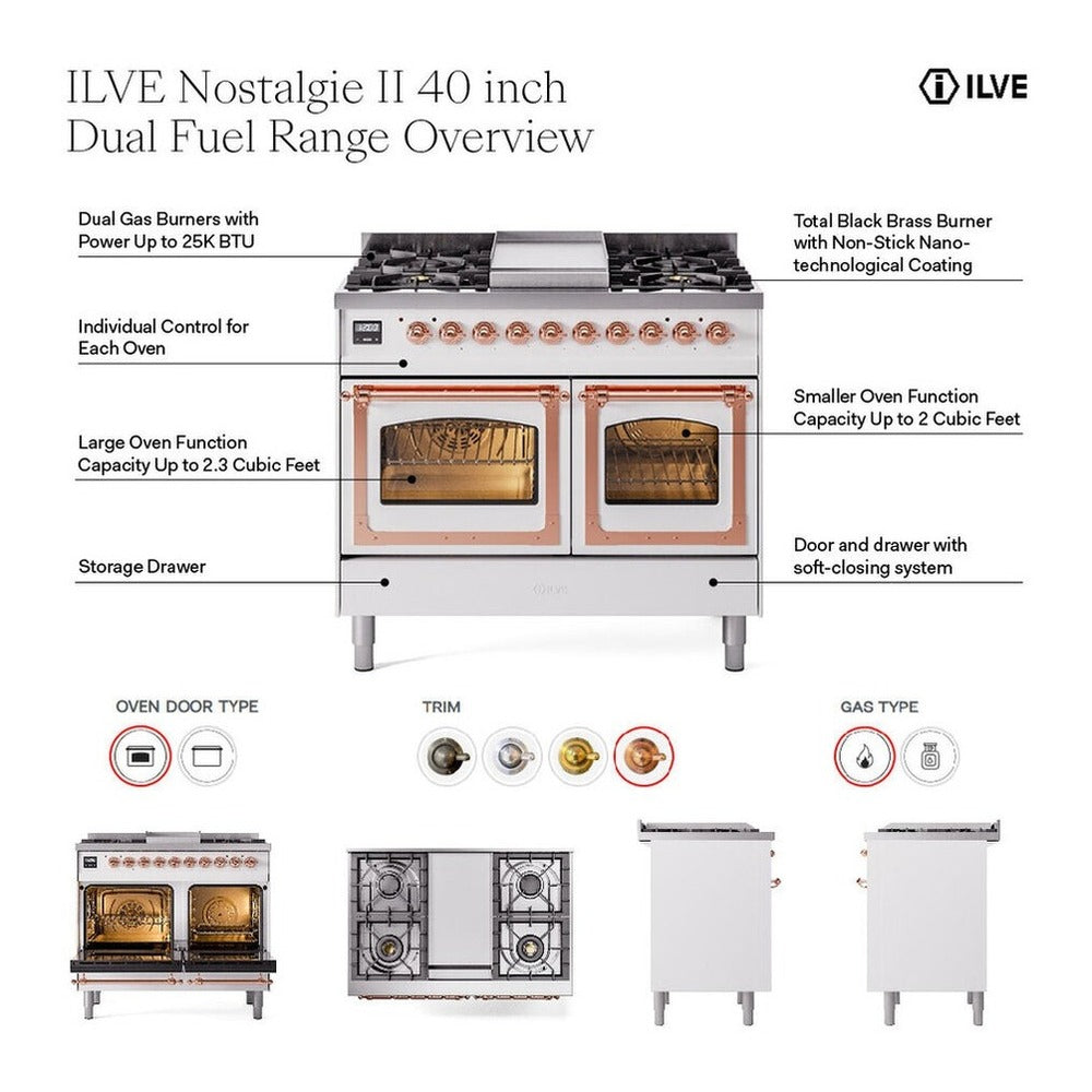 ILVE Nostalgie II 40-Inch Natural Gas Dual Fuel Range, 6 Burners, Griddle, Solid Door, Mediterranean Mint with Copper Trim (UPD40FQNMPMMP)