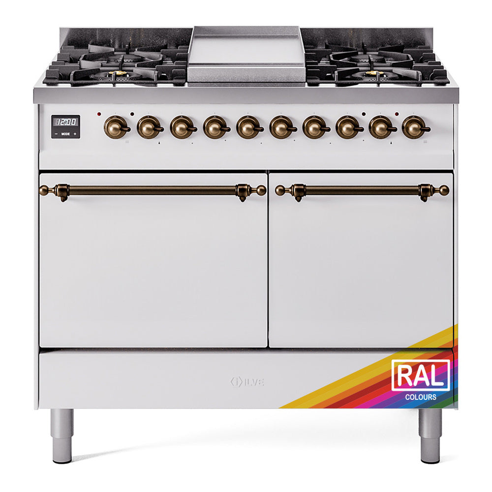ILVE Nostalgie II 40-Inch Propane Dual Fuel Range, 6 Burners, Griddle, Solid Door, Custom RAL with Burnished Bronze Trim (UPD40FQNMPRABLP)