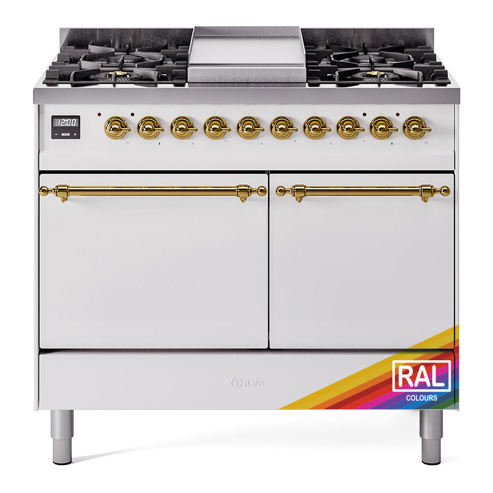 ILVE Nostalgie II 40-Inch Propane Dual Fuel Range, 6 Burners, Griddle, Solid Door, Custom RAL with Brass Trim (UPD40FQNMPRAGLP)