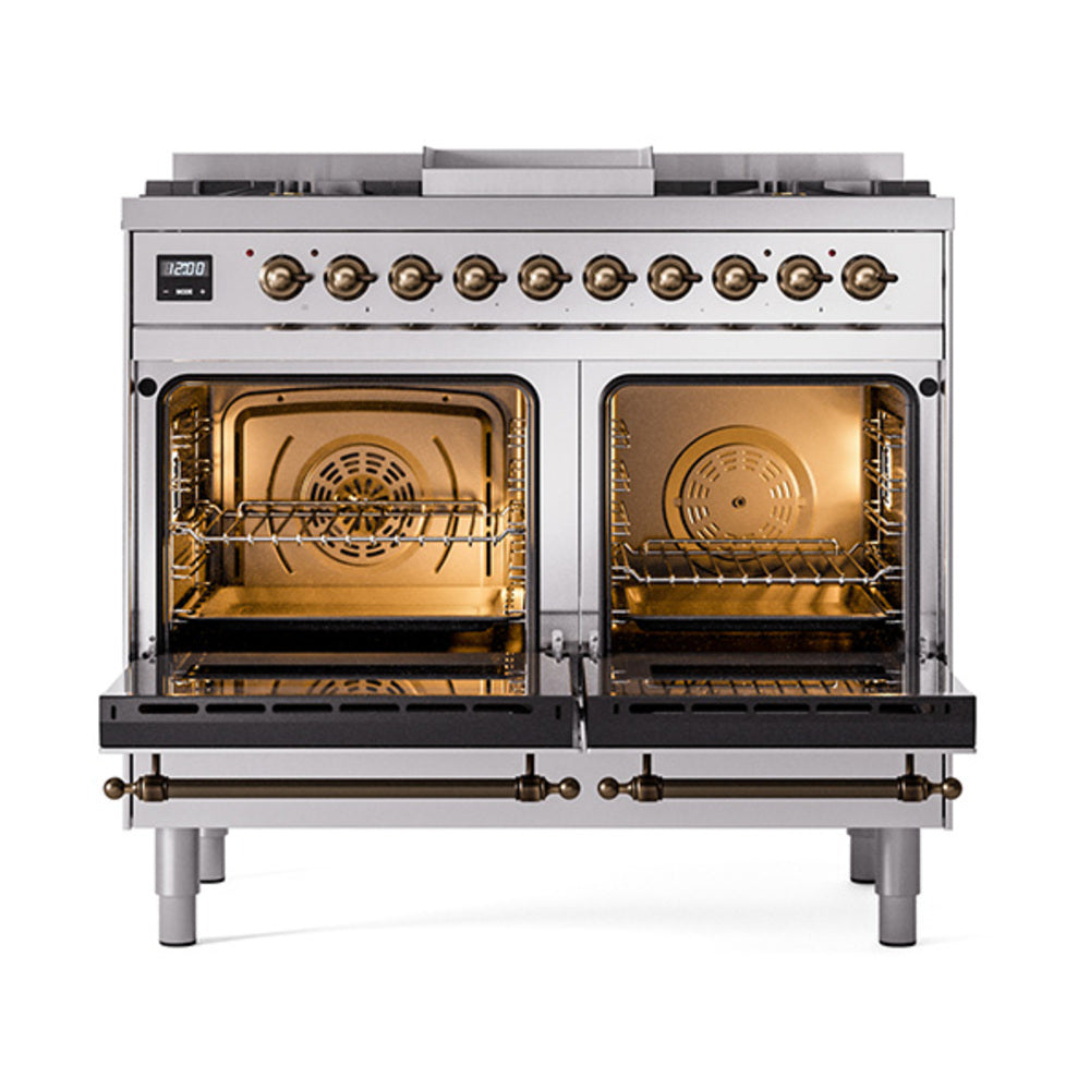 ILVE Nostalgie II 40-Inch Propane Dual Fuel Range, 6 Burners, Griddle, Solid Door, Stainless Steel with Burnished Bronze Trim (UPD40FQNMPSSBLP)