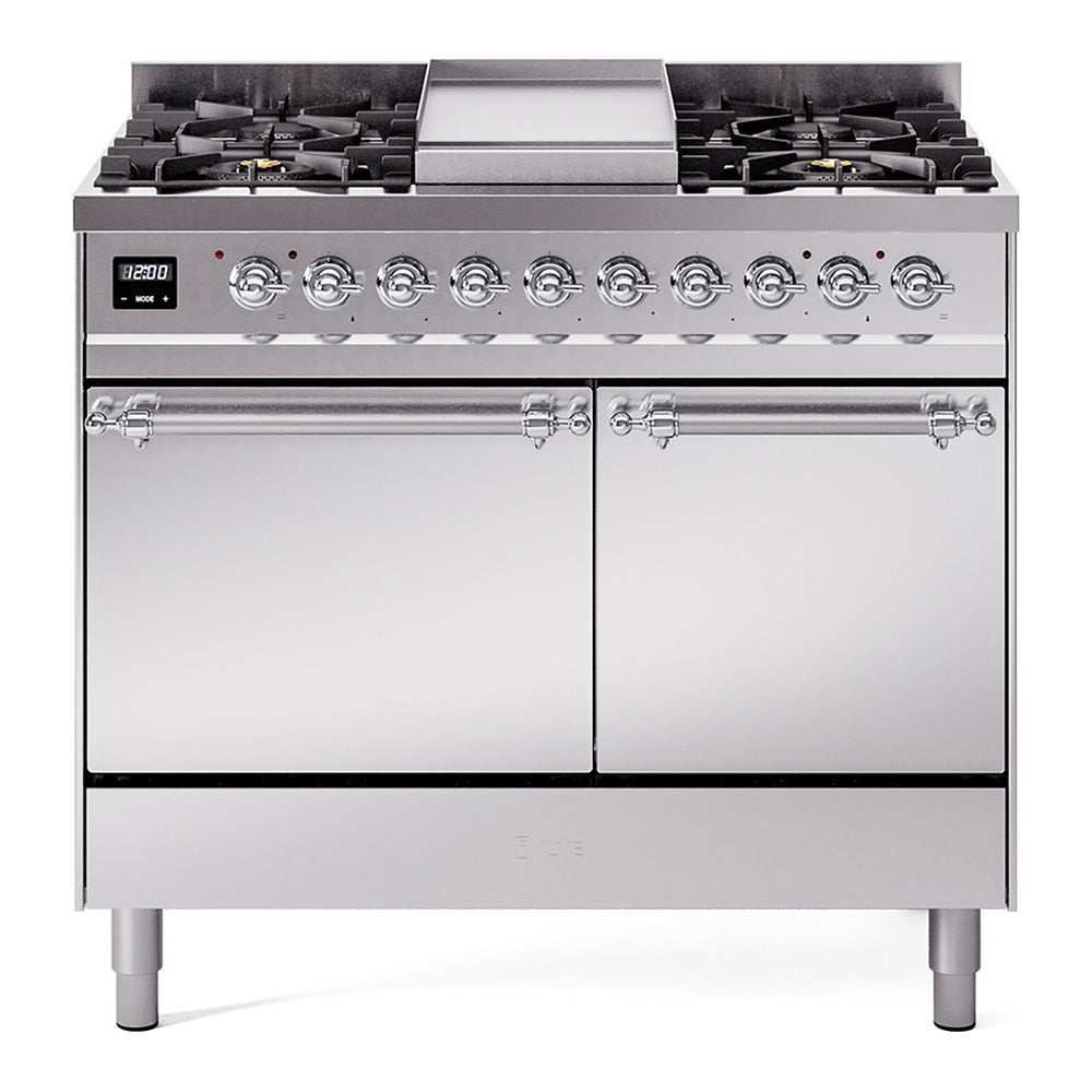 ILVE Nostalgie II 40-Inch Natural Gas Dual Fuel Range, 6 Burners, Griddle, Solid Door, Stainless Steel with Chrome Trim (UPD40FQNMPSSC)