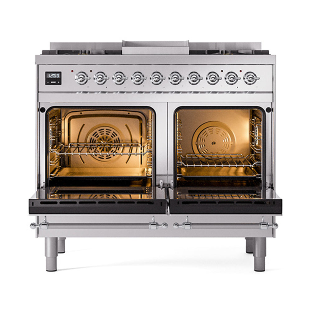 ILVE Nostalgie II 40-Inch Natural Gas Dual Fuel Range, 6 Burners, Griddle, Solid Door, Stainless Steel with Chrome Trim (UPD40FQNMPSSC)