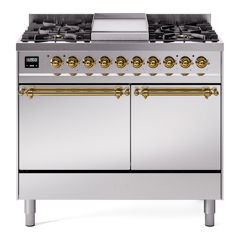 ILVE Nostalgie II 40-Inch Propane Dual Fuel Range, 6 Burners, Griddle, Solid Door, Stainless Steel with Brass Trim (UPD40FQNMPSSGLP)