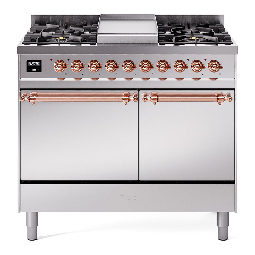 ILVE Nostalgie II 40-Inch Natural Gas Dual Fuel Range, 6 Burners, Griddle, Solid Door, Stainless Steel with Copper Trim (UPD40FQNMPSSP)