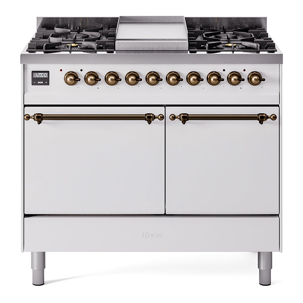 ILVE Nostalgie II 40-Inch Propane Dual Fuel Range, 6 Burners, Griddle, Solid Door, White with Burnished Bronze Trim (UPD40FQNMPWHBLP)