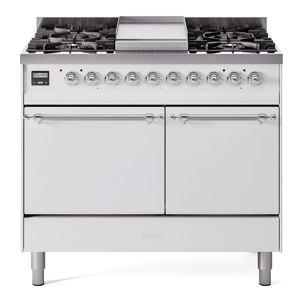 ILVE Nostalgie II 40-Inch Natural Gas Dual Fuel Range, 6 Burners, Griddle, Solid Door, White with Chrome Trim (UPD40FQNMPWHC)