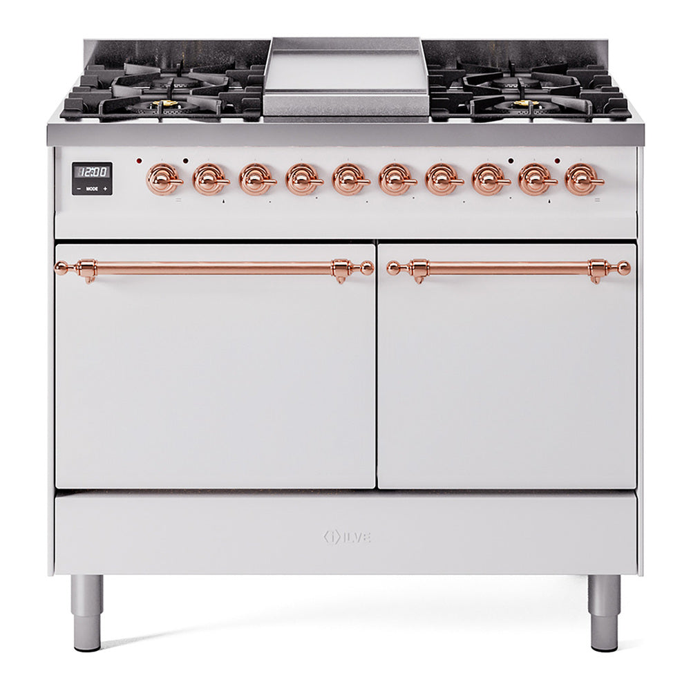 ILVE Nostalgie II 40-Inch Propane Dual Fuel Range, 6 Burners, Griddle, Solid Door, White with Copper Trim (UPD40FQNMPWHPLP)