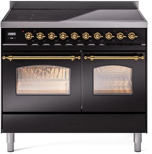ILVE Nostalgie II 40-Inch Freestanding Electric Induction Range, Glossy Black with Brass Trim (UPDI406NMPBKG)
