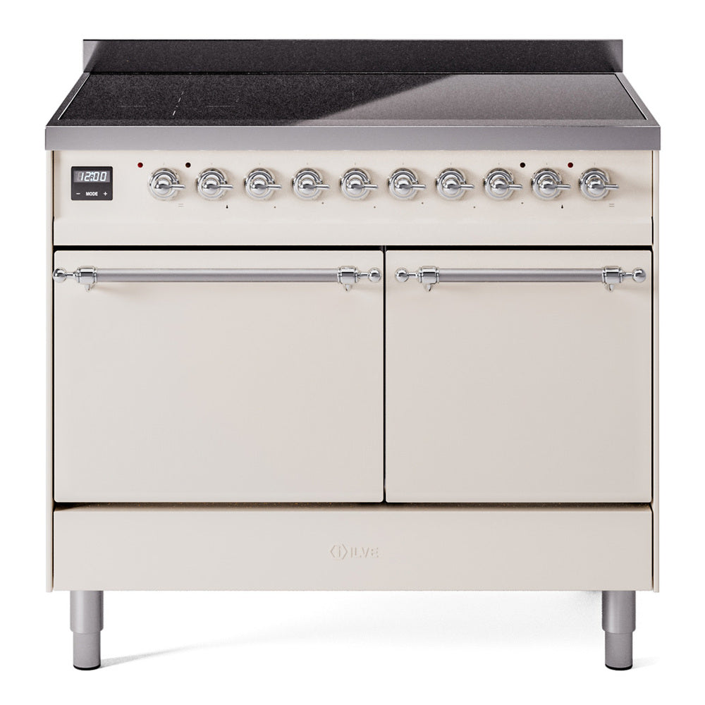ILVE Nostalgie II 40-Inch Induction Range, Solid Door Oven, Antique White with Chrome Trim (UPDI406QNMPAWC)
