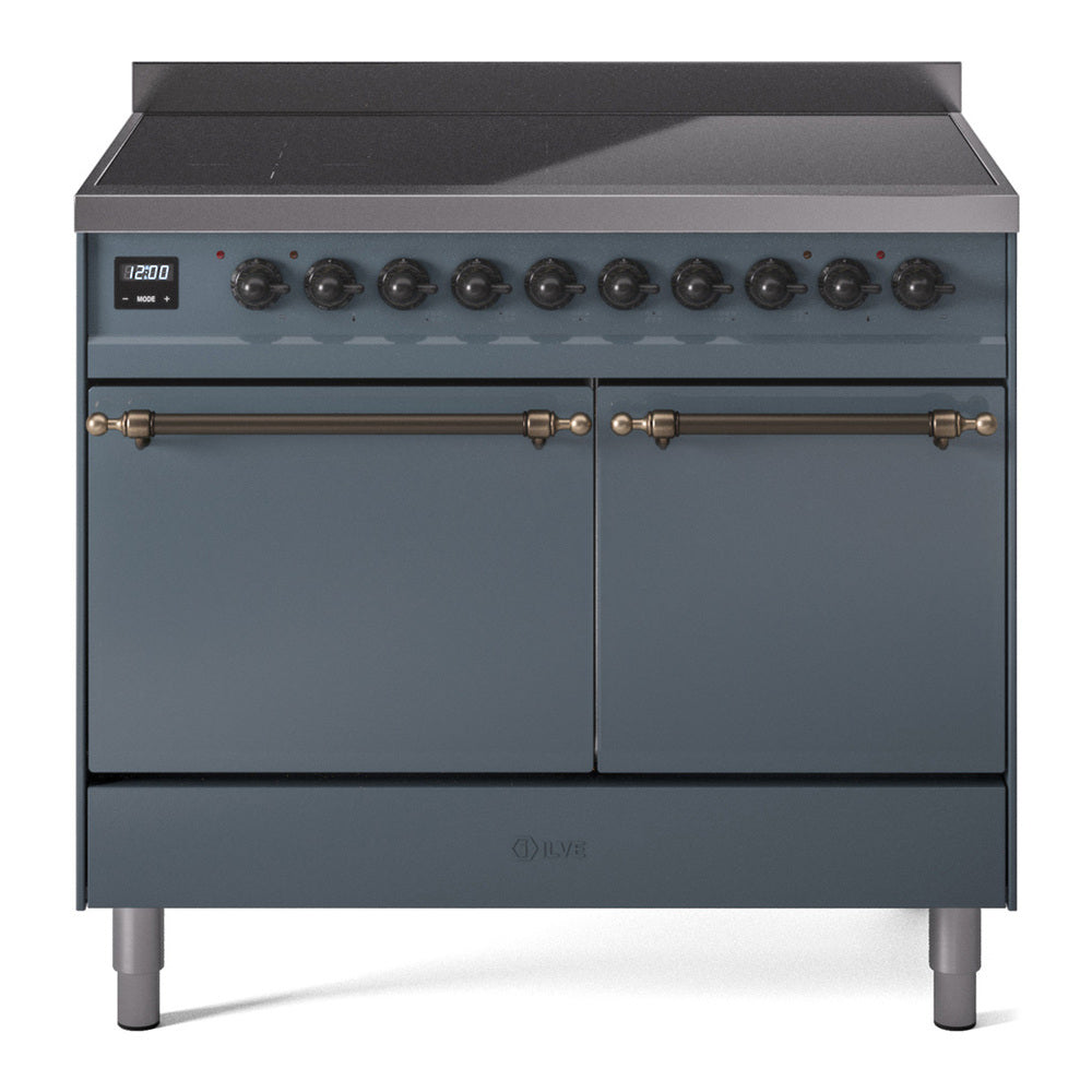 ILVE Nostalgie II 40-Inch Induction Range, Solid Door Oven, Blue Grey with Burnished Bronze Trim (UPDI406QNMPBGB)