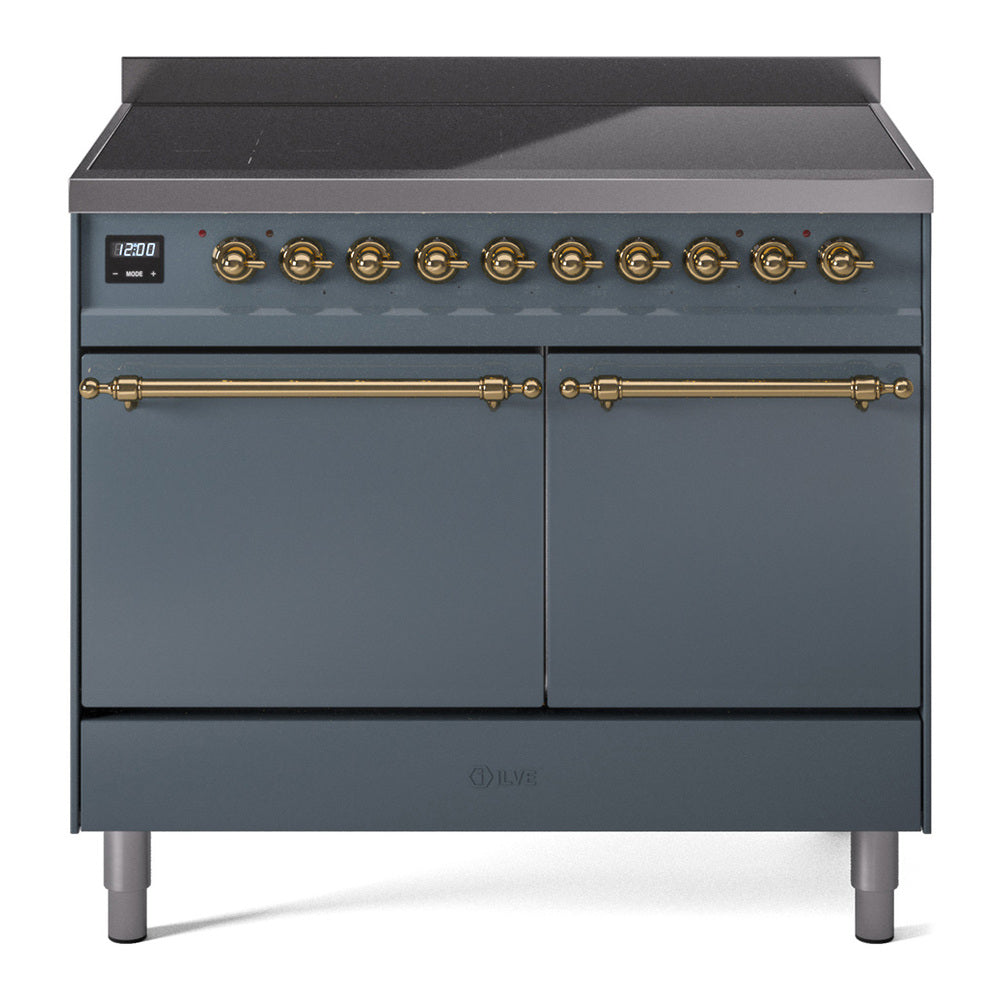 ILVE Nostalgie II 40-Inch Induction Range, Solid Door Oven, Blue Grey with Brass Trim (UPDI406QNMPBGG)