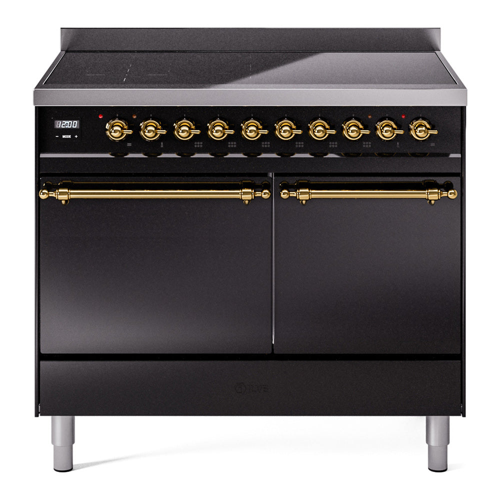 ILVE Nostalgie II 40-Inch Induction Range, Solid Door Oven, Glossy Black with Brass Trim (UPDI406QNMPBKG)