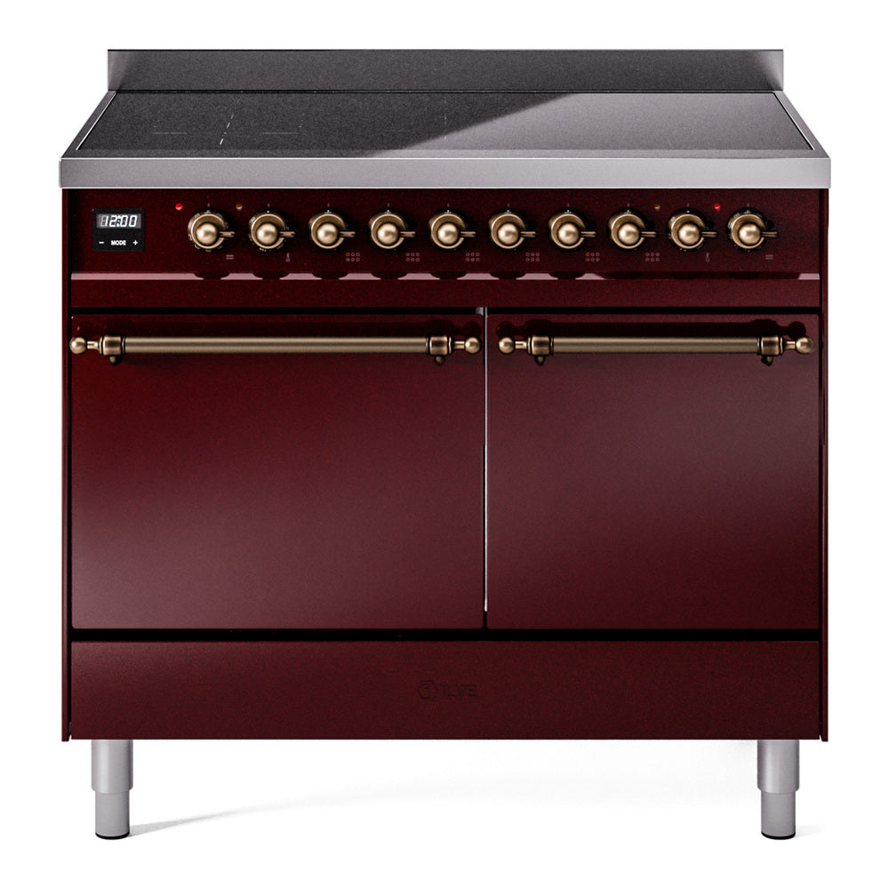 ILVE Nostalgie II 40-Inch Induction Range, Solid Door Oven, Burgundy with Burnished Bronze Trim (UPDI406QNMPBUB)