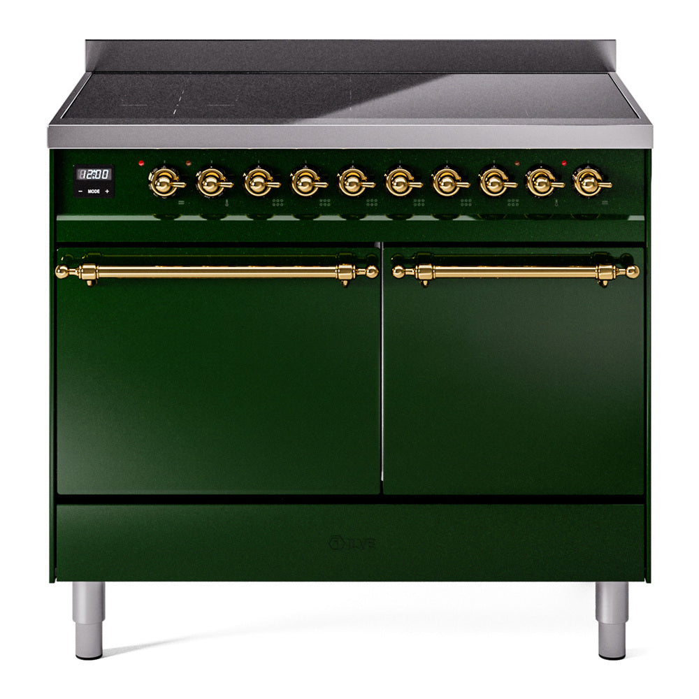 ILVE Nostalgie II 40-Inch Induction Range, Solid Door Oven, Emerald Green with Brass Trim (UPDI406QNMPEGG)