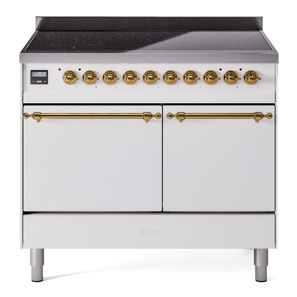 ILVE Nostalgie II 40-Inch Induction Range, Solid Door Oven, White with Brass Trim (UPDI406QNMPWHG)