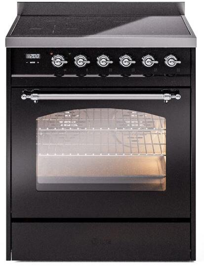 ILVE Nostalgie II 30-Inch Electric Induction Range, Freestanding, Glossy Black with Chrome Trim (UPI304NMPBKC)