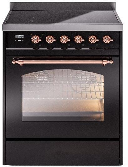 ILVE Nostalgie II 30-Inch Electric Induction Range, Freestanding, Glossy Black with Copper Trim (UPI304NMPBKP)