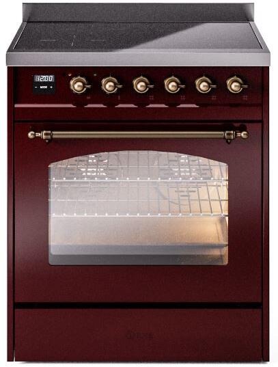 ILVE Nostalgie II 30-Inch Electric Induction Range, Freestanding, Burgundy with Burnished Bronze Trim (UPI304NMPBUB)