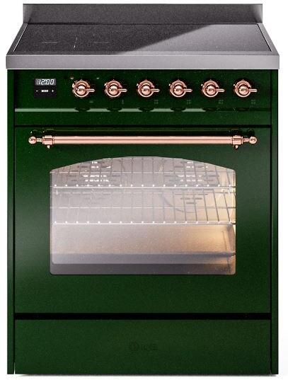 ILVE Nostalgie II 30-Inch Electric Induction Range, Freestanding, Emerald Green with Copper Trim (UPI304NMPEGP)