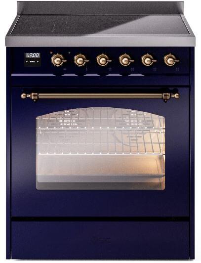 ILVE Nostalgie II 30-Inch Electric Induction Range, Freestanding, Midnight Blue with Burnished Bronze Trim (UPI304NMPMBB)