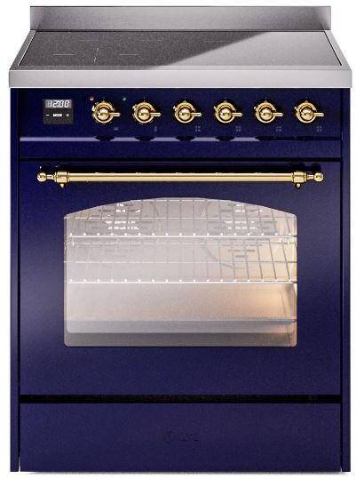 ILVE Nostalgie II 30-Inch Electric Induction Range, Freestanding, Midnight Blue with Brass Trim (UPI304NMPMBG)