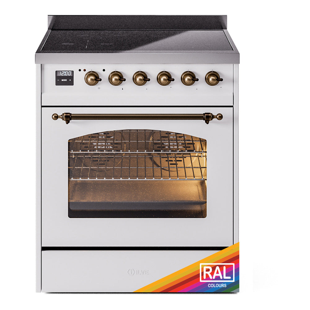 ILVE Nostalgie II 30-Inch Electric Induction Range, Freestanding, Custom RAL with Burnished Bronze Trim (UPI304NMPRAB)