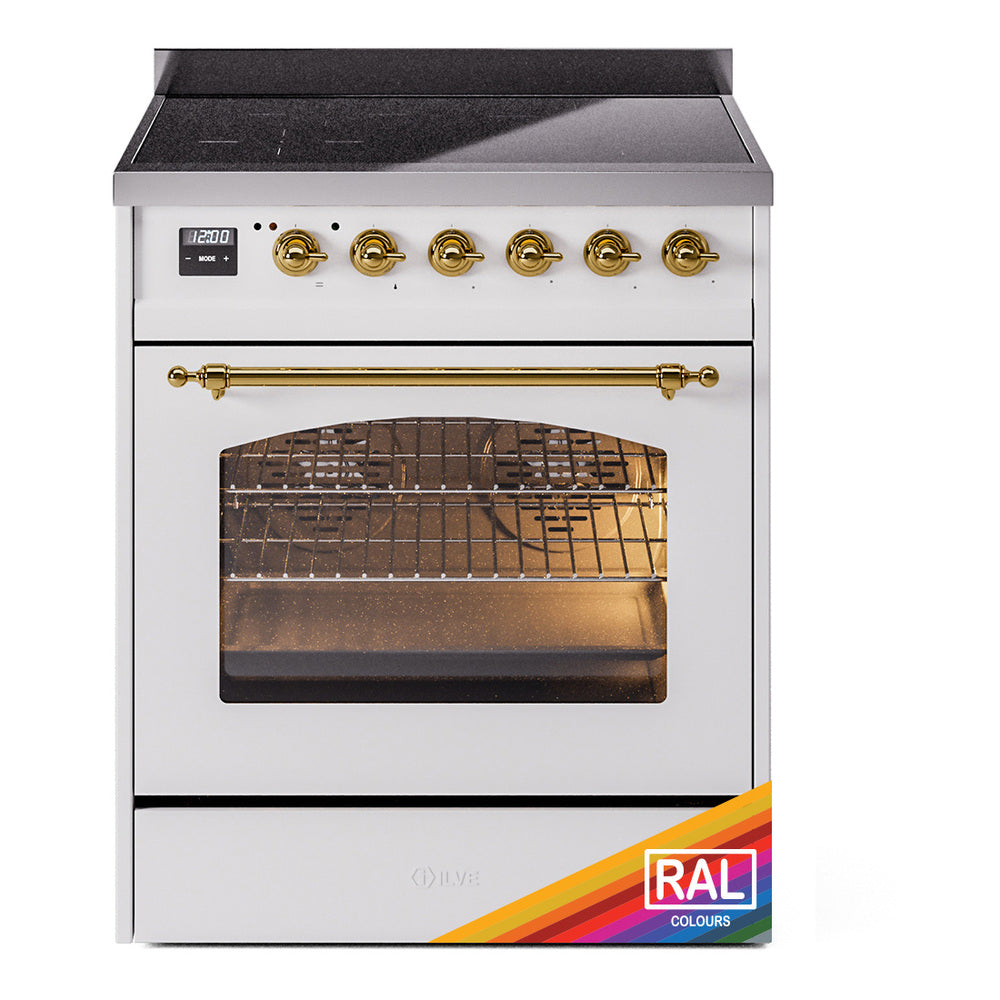 ILVE Nostalgie II 30-Inch Electric Induction Range, Freestanding, Custom RAL with Brass Trim (UPI304NMPRAG)