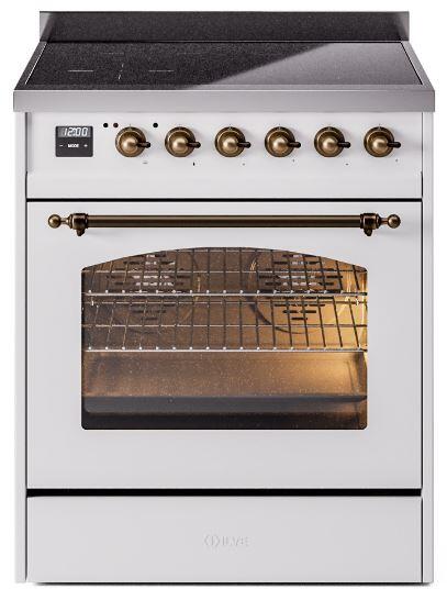 ILVE Nostalgie II 30-Inch Freestanding Electric Induction Range in White with Burnished Bronze Trim (UPI304NMPWHB)