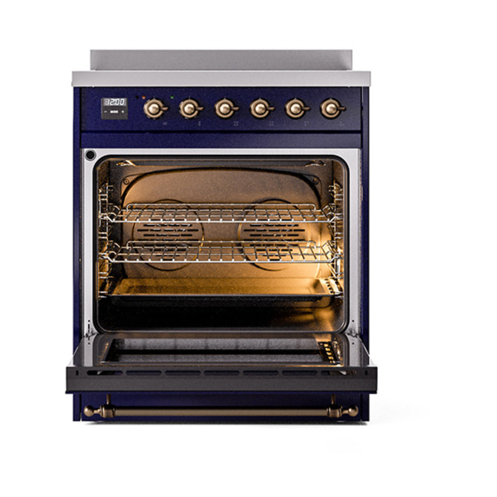 ILVE Nostalgie II 30-Inch Induction Range, Solid Door Oven, Midnight Blue with Burnished Bronze Trim (UPI304QNMPMBB)