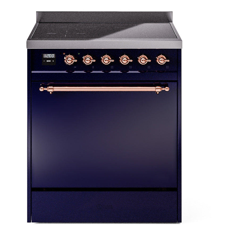ILVE Nostalgie II 30-Inch Induction Range, Solid Door Oven, Midnight Blue with Copper Trim (UPI304QNMPMBP)