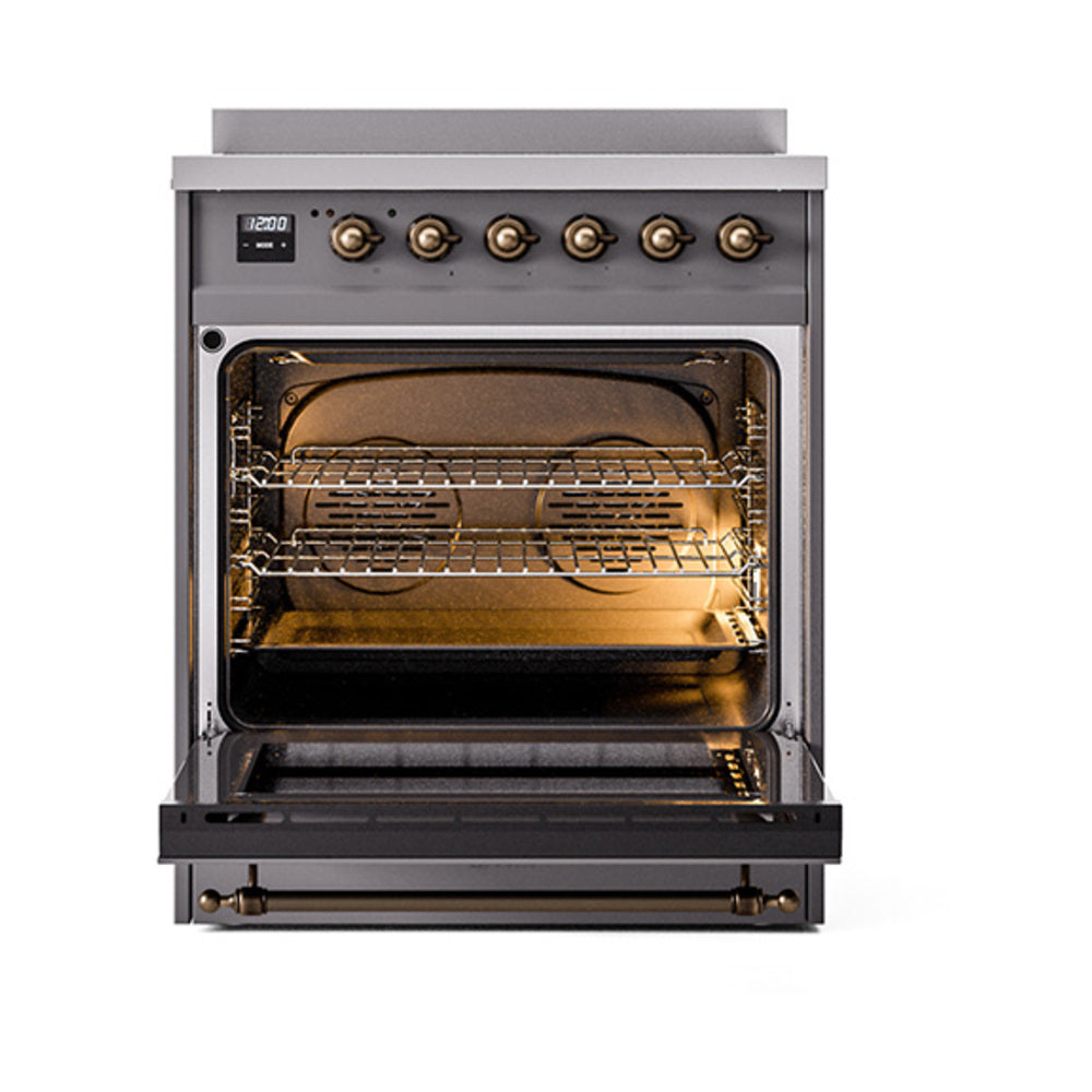 ILVE 30-Inch Nostalgie II Induction Range with Solid Door Oven in Matte Graphite with Burnished Bronze Trim (UPI304QNMPMGB)