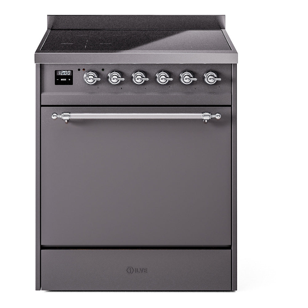 ILVE 30-Inch Nostalgie II Induction Range with Solid Door Oven in Matte Graphite with Chrome Trim (UPI304QNMPMGC)