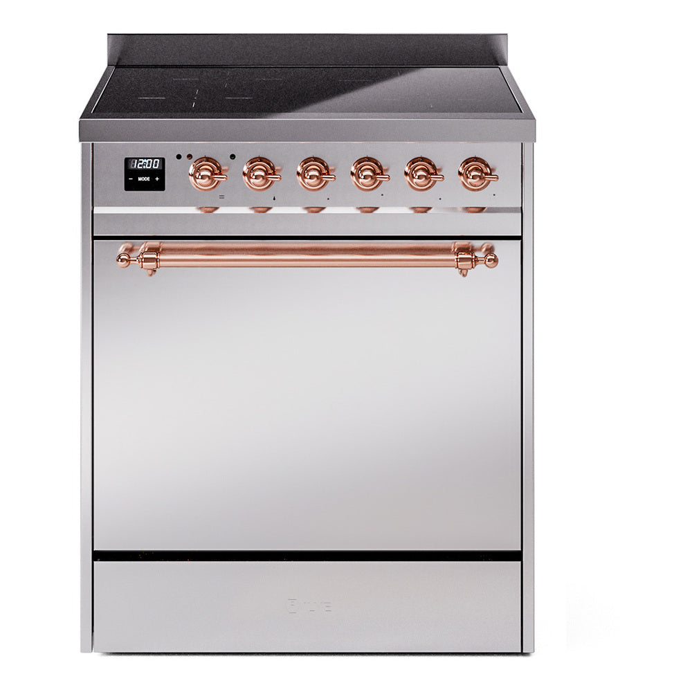 ILVE Nostalgie II 30-Inch Induction Range, Solid Door Oven, Stainless Steel with Copper Trim (UPI304QNMPSSP)