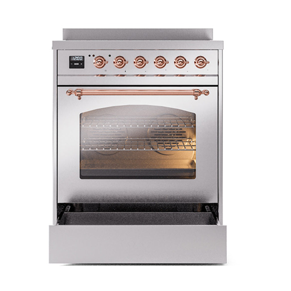 ILVE Nostalgie II 30-Inch Induction Range, Solid Door Oven, Stainless Steel with Copper Trim (UPI304QNMPSSP)